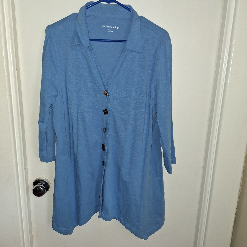 Soft Surroundings Blouse Women's Size Large Button Down Blue. Mimilist Casual